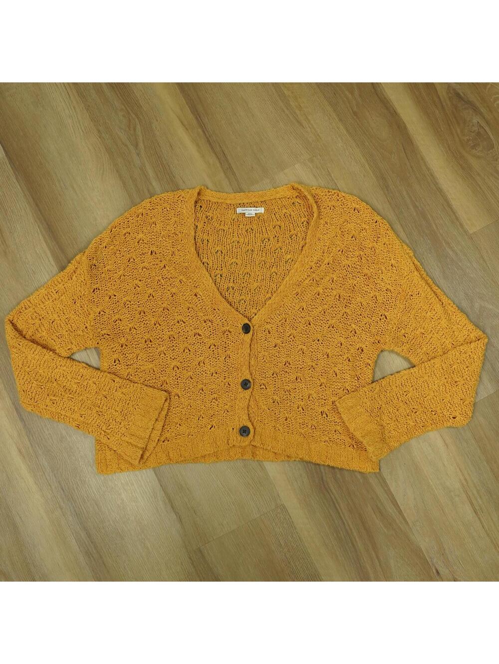American Eagle Mustard Yellow Knit Button-Up Cardigan Sweater‎ M - Cottagecore